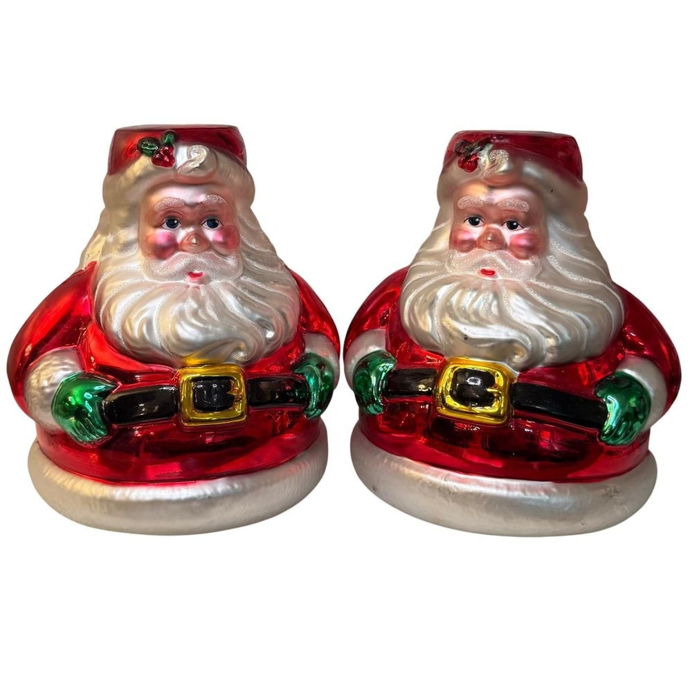 2 Dept 56 Santa Candle Holder VTG Mercury Blown Glass Christmas With Box Kitch